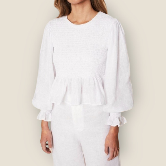 Faithfull the Brand Savita Smocked Linen Puff Sleeve Open Back Top White Small - Picture 1 of 14
